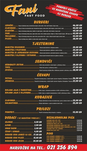 Fast food Fani - Prvi u Podstrani donosi cjenik online