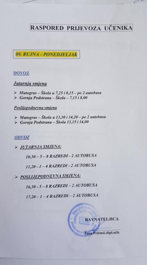 FOTO - Raspored prijevoza učenika za ponedjeljak 09.09.19.